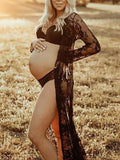 Momnfancy Black Floral Lace Drawstring Photoshoot Long Sleeve Mesh Cover-up Beach Bohemain Maternity Maxi Dress Cardigan