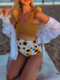 Momnfancy Yellow Sunflower Print Ruffle High Waisted Two Piece Beachwear Maternity Swimwear