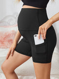 Momnfancy Summer Black Pockets High Rise Stretch Jumpsuit Maternity Sports Yoga Workout Short Legging