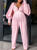 Momnfancy V-neck Lantern Long Sleeve Solid Cute Maternity Jumpsuit