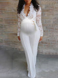 Momnfancy See-through Lace V-neck High Waist Straight Romper Maternity Jumpsuit for Baby Shower