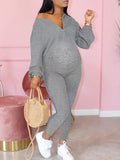 Momnfancy Zipper V-Neck Casual Plus Size Maternity Jumpsuit