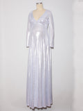 Momnfancy V-Neck Bronzing Side Slit Long Sleeve Elegant Baby Shower Evening Gown Maternity Photoshoot Maxi Dress