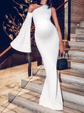 Momnfancy Off Shoulder One Sleeve Bodycon Wedding Elegant Maternity Maxi Dress
