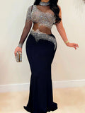 Momnfancy Rhinestone Tulle One Sleeve Bodycon Party Plus Size Maternity Maxi Dress