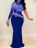 Momnfancy Rhinestone Tulle One Sleeve Bodycon Party Plus Size Maternity Maxi Dress