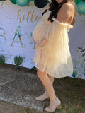 Momnfancy Off Shoulder Boat Neck Spaghetti Strap Babyshower Apricot Maternity Mini Dress