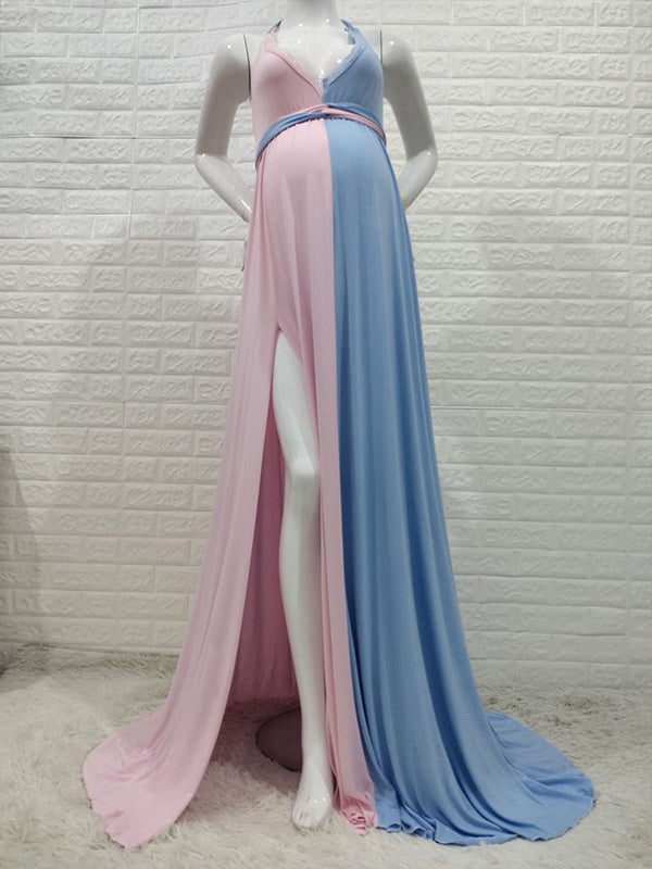 Momnfancy Side Slit Patchwork Pink Blue Babyshower Gender Reveal Party Maternity Maxi Dress