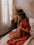 Momnfancy Red Drawstring Single Breasted Ruffle Tie Back Maternity Photoshoot Maxi Dress