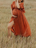 Momnfancy Single Breasted Drawstring Ruffle Tie Back Red Maternity Photoshoot Maxi Dress