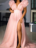 Momnfancy Ruffle Tulle Slit V-neck Photoshoot Plus Size Maternity Maxi Dress