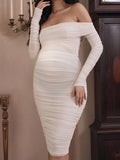 Momnfancy White Ruched Off Shoulder Bodycon Long Sleeve Baby Shower Maternity Mini Dress
