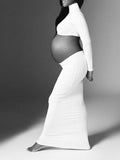 Momnfancy Solid Color Ruffle High Neck Crop Top 2-in-1 Long Sleeve Bodycon Club Party Photoshoot Maternity Maxi Dress