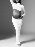 Momnfancy Solid Color Ruffle High Neck Crop Top 2-in-1 Long Sleeve Bodycon Club Party Photoshoot Maternity Maxi Dress