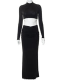 Momnfancy Solid Color Ruffle High Neck Crop Top 2-in-1 Long Sleeve Bodycon Club Party Photoshoot Maternity Maxi Dress