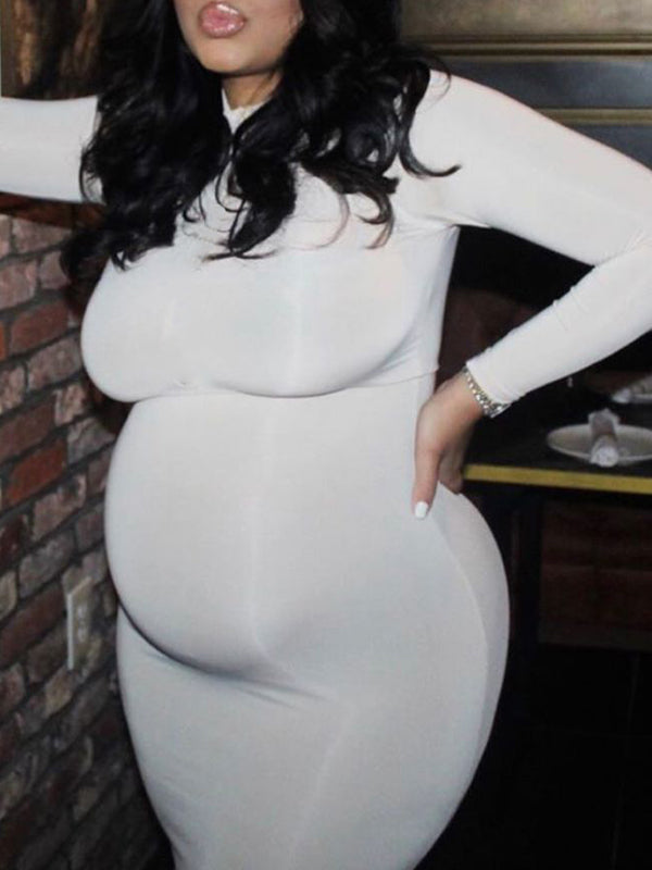 Momnfancy White High Neck Long Sleeve Bodycon Fashion Slim Party Baby Shower Maternity Midi Dress
