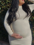 Momnfancy White High Neck Long Sleeve Bodycon Fashion Slim Party Baby Shower Maternity Midi Dress