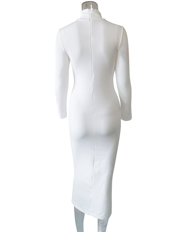 Momnfancy White High Neck Long Sleeve Bodycon Fashion Slim Party Baby Shower Maternity Midi Dress