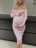 Momnfancy Pink Sweater Off Shoulder V-Neck Long Sleeve Bodycon Cute Rib Baby Shower Maternity Midi Dress