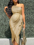 Momnfancy One Shoulder Belt Sleeveless Bodycon Side Slit Belted Satin Ruched Party Maternity Midi Dress