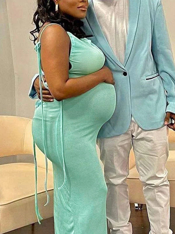 Momnfancy Sky Blue Cami Backless Spaghetti Straps U-neck Bodycon Fashion Maternity Baby Shower Party Maxi Dress