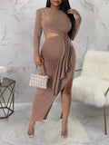 Momnfancy Light Coffee Bodycon Side Slit Cutout Bare Waist Cascading Ruffle Party Photoshoot Maternity Maxi Dress