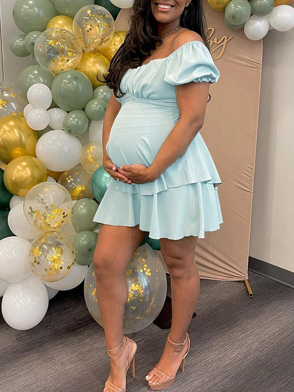 Momnfancy Light Green Ruffle Tie Back Off-shoulder Bowknot Puff Sleeve Cute Baby Shower Jumpsuit Maternity Mini Dress