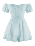 Momnfancy Light Green Ruffle Tie Back Off-shoulder Bowknot Puff Sleeve Cute Baby Shower Jumpsuit Maternity Mini Dress