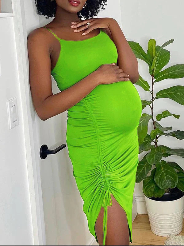 Momnfancy Sage Green Slit Drawstring Shirred Ruched Sleeveless Bodycon Baby Shower Maternity Dress