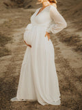Momnfancy White Solid color Belt Long Sleeve Baby Shower Photoshoot Maternity Maxi Dresses