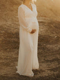 Momnfancy White Solid color Belt Long Sleeve Baby Shower Photoshoot Maternity Maxi Dresses