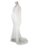 Momnfancy White Lace Mermaid V-neck Flare Sleeve Wedding Gown Elegant Maternity Photoshoot Maxi Dress