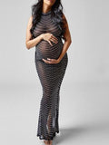 Momnfancy Black Mesh Rhinestone Halter Neck Backless Slit Photoshoot Baby Shower Gown Party Maternity Maxi Dress