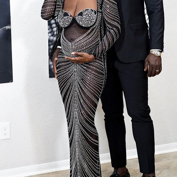 Momnfancy Black Mesh Rhinestone Backless Mermaid Evening Gown Elegant Maternity Club Photoshoot Maxi Dress