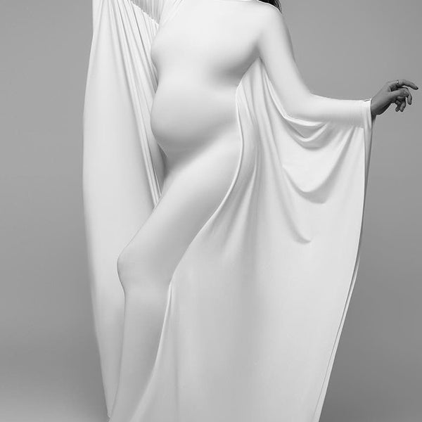 Momnfancy White Ruffle Dolman Sleeve Wavy Edge Long Train Elegant Bodycon Photoshoot Maternity Maxi Dress