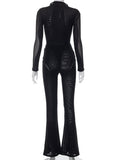 Momnfancy Black Mesh Flare Bell Bottom 2-in-1 Photoshoot Bodycon Bodysuit Streetwear Maternity Jumpsuit