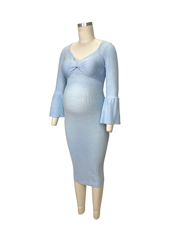Momnfancy Blue Bodycon Bowknot Flare Sleeve Elegant Babyshower Maternity Photoshoot Maxi Dress