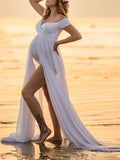 Momnfancy Draped Off Shoulder Slit Maternity Photoshot Maxi Dress