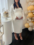 Momnfancy Elegant White Bodycon Square Neck Basic Cocktail Maternity Babyshower Maxi Dress