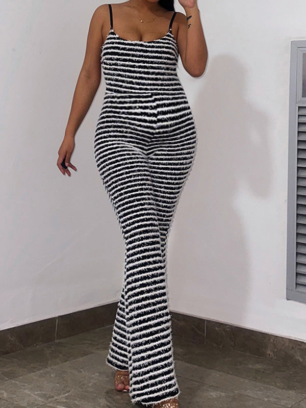 Momnfancy Backless Spaghetti Strap Striped Flare Bell Bottom Bodycon Maternity Jumpsuit