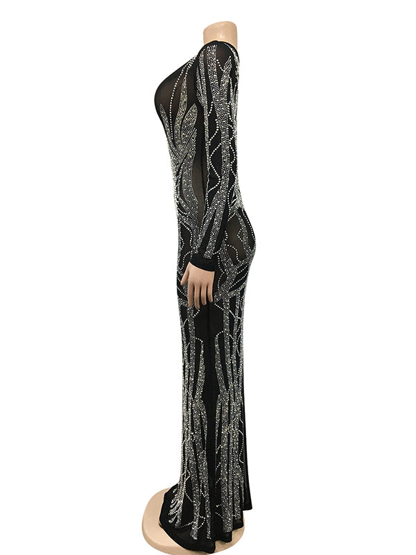 Momnfancy Black Mesh Rhinestone Sheer V-neck Long Sleeve Bodycon Photoshoot Maternity Maxi Dress