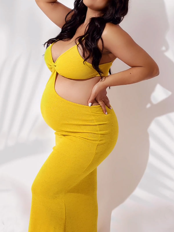 Momnfancy Yellow Cut Out Spaghetti Strap Mermaid Baby Shower Bodycon Casual Maternity Maxi Dress