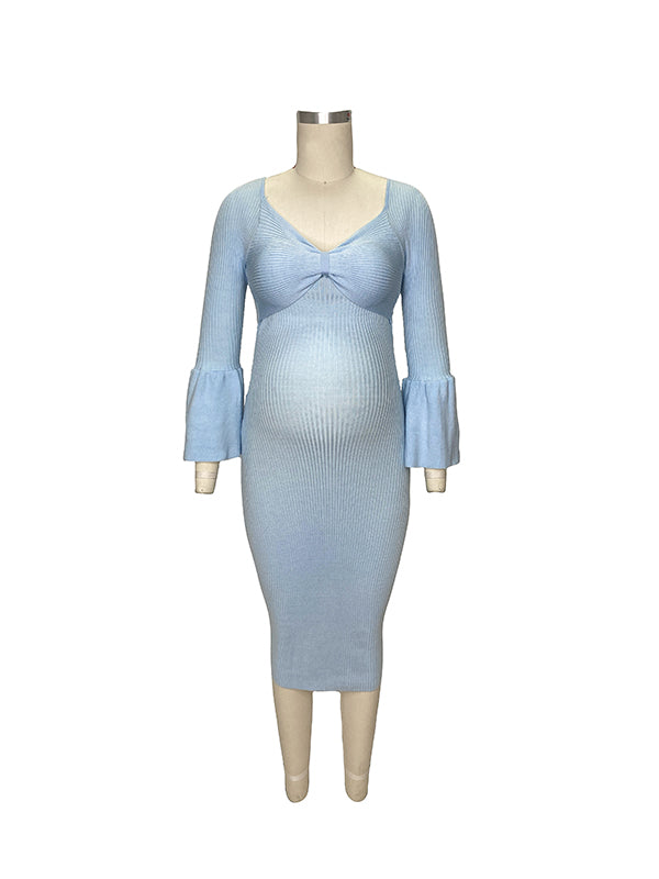 Momnfancy Blue Bodycon Bowknot Flare Sleeve Elegant Babyshower Maternity Photoshoot Maxi Dress