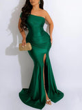 Momnfancy Green Asymmetric Shoulder Side Slit Mermaid Bodycon Jungle Theme Baby Shower Prom Party Maternity Maxi Dress
