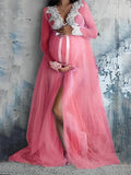 Momnfancy Lace Grenadine V-neck Split Front Robe Photography Props Maternity Photoshoot Maxi Dress