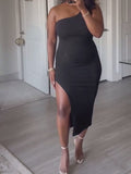 Momnfancy Black Bodycon Side Slit Oblique Shoulder Irregular Collar Cocktail Party Maternity Maxi Dress