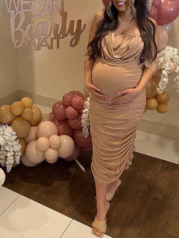 Momnfancy Khaki Ruched Off Shoulder Belly Friendly Baby Shower Bodycon  Maternity Midi Dress – momnfancy