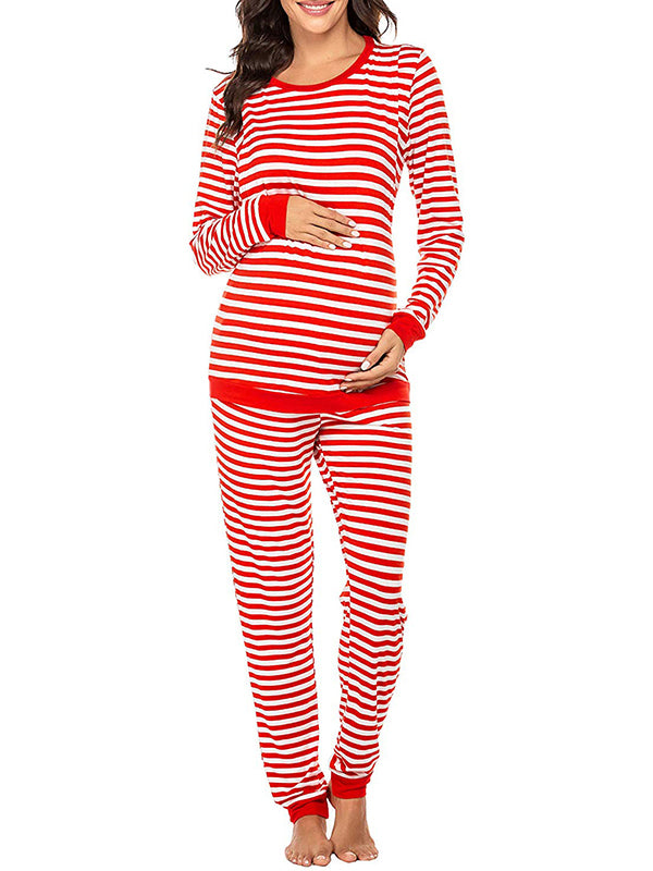 Momnfancy Striped Round Neck Long Sleeve Nursing Maternity Long Pajama Set