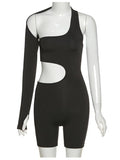 Momnfancy Black Irregular Cut Out One Shoulder Shports Yoga Pregnancy Fashion Maternity Short Jumpsuit