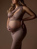 Momnfancy Brown Irregular Cut Out Crop One Shoulder Bodycon Chic Club Party Maternity Photoshoot Maxi Dress